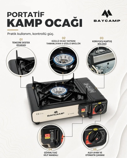 [BC-CK2200-S] Baycamp Portatif Kamp Ocağı Siyah – Otomatik Ateşlemeli 