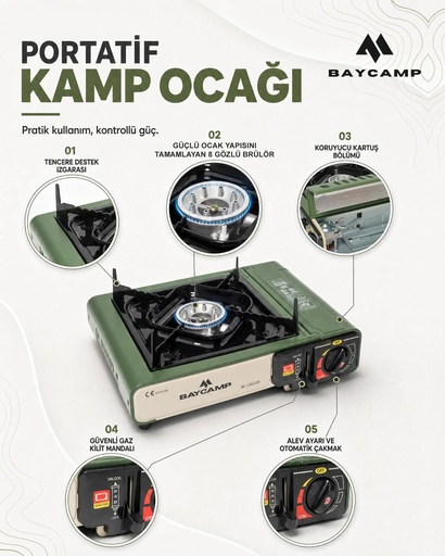 [BC-CK2200-H] Baycamp Portatif Kamp Ocağı Haki – Otomatik Ateşlemeli 