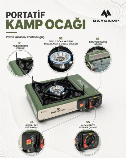 Baycamp Portatif Kamp Ocağı Haki – Otomatik Ateşlemeli 